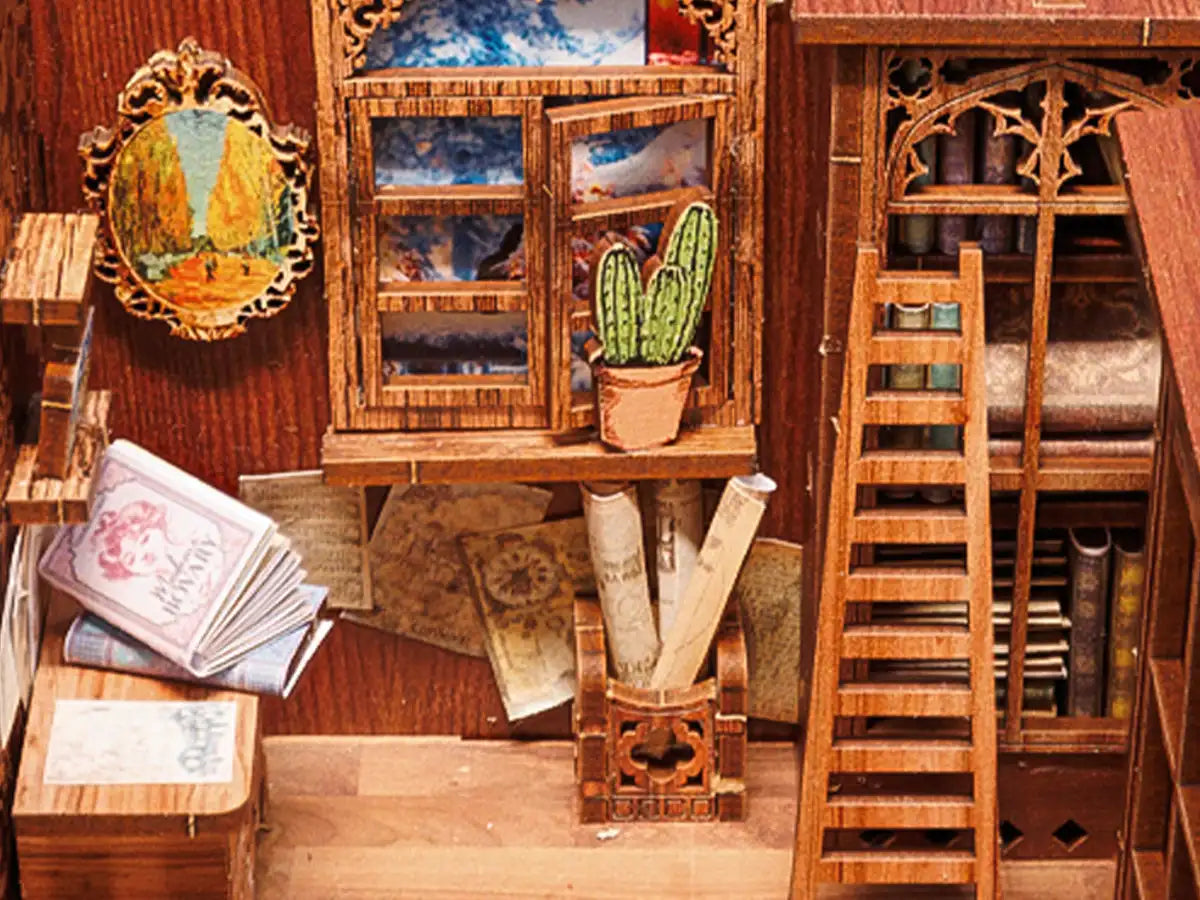 CUTEBEE Wooden Dollhouse Kit Miniature Doll House Kits Booknook Bookshelf Book Nook with Dust Cover Bookends Christmas Gift