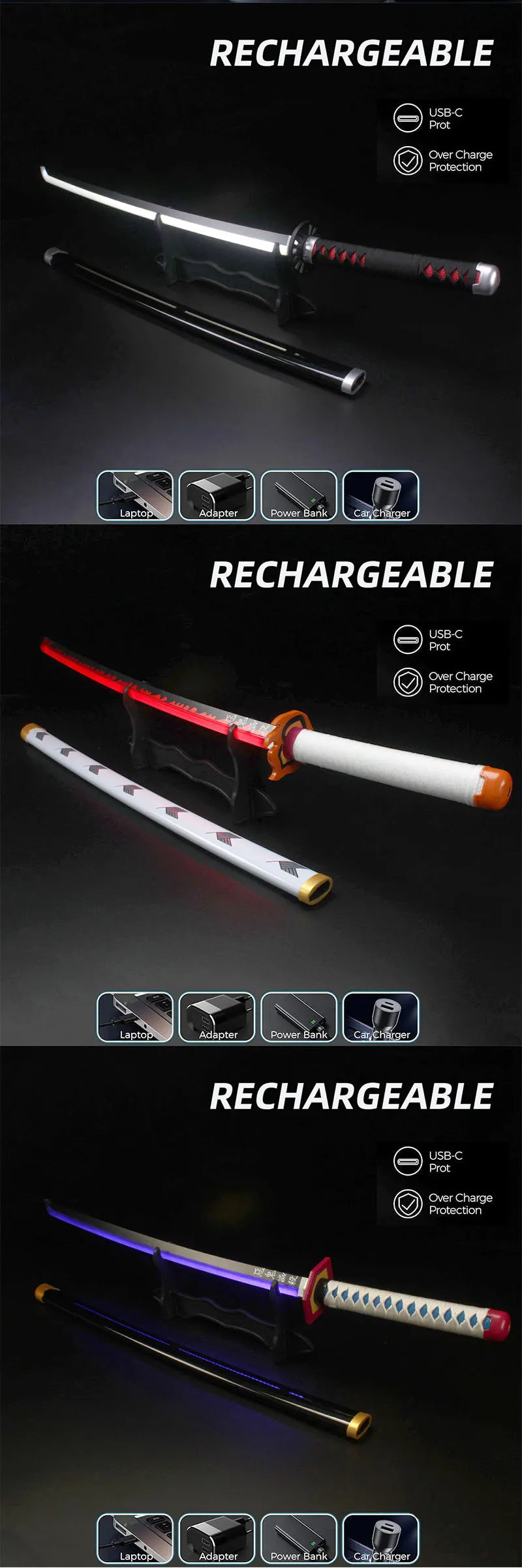 104Cm /41" Tanjirou Giyuu Sanemi Anime Demon Slayer Katana Light Up Toy Sword Cosplay Comes With Belt And Sword Holder