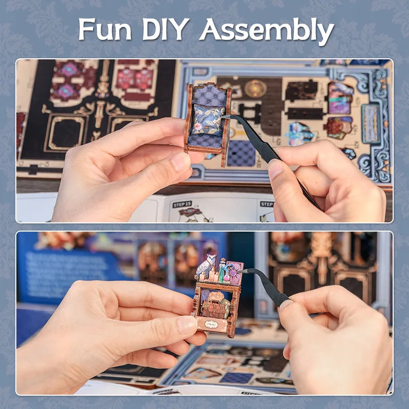 CUTEBEE Wooden 3D Puzzle DIY Book Nook Kit Miniature Dollhouse with Light Dust Cover Bookshelf Insert for Child Birthday Gift