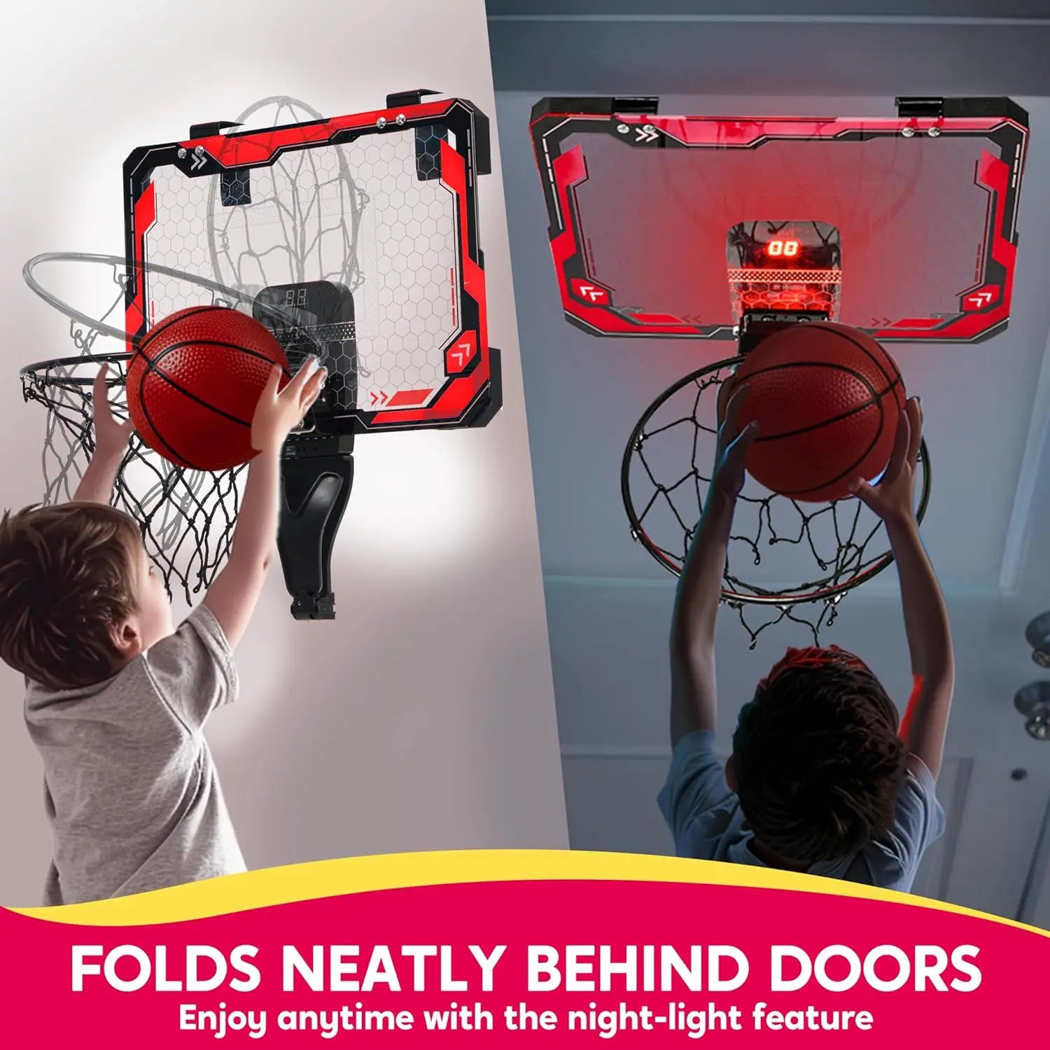 JOYFY Mini Indoor Basketball Hoop Light Up Over The Door Basket Ball Hoop for Kids Toys Birthday Gifts with Scoreboard & 4 Balls