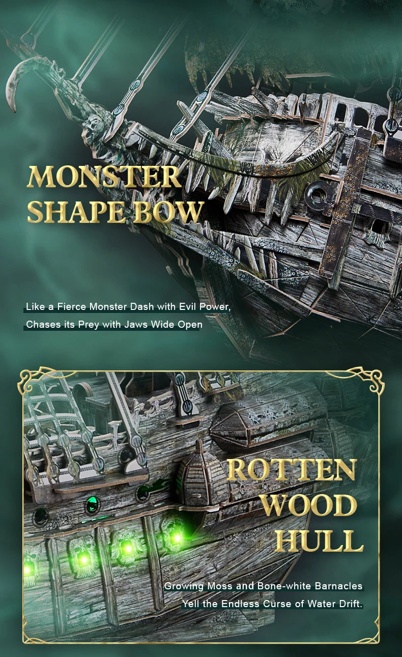 CubicFun 3D Puzzles Green LED Flying Dutchman Pirate Ship Model 360 Pieces Kits Lighting Building Ghost Sailboat Gifts for Adult