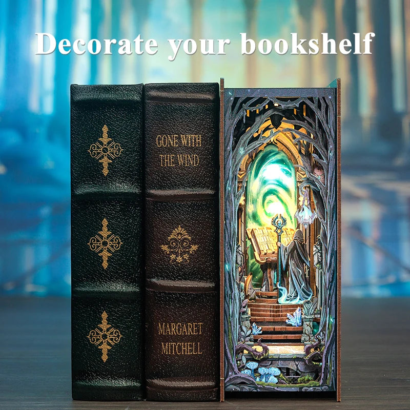 CUTEBEE Wooden 3D Puzzle DIY Book Nook Kit Miniature Dollhouse with Light Dust Cover Bookshelf Insert for Child Birthday Gift