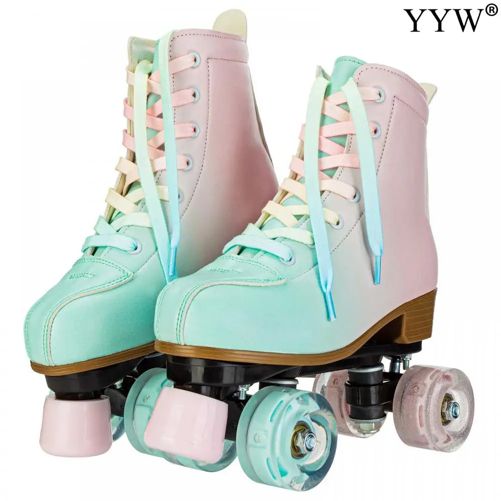 2024 PU Leather Flashing 4 Wheels Roller Skates For Women Double Row Skate Shoes Beginner Quad Sneaker Skating Ice Rink Training