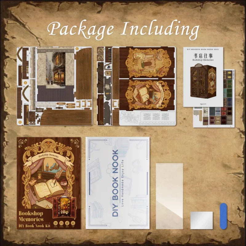 CUTEBEE DIY Book Nook Kit Miniature Dollhouse with Light Wooden Bookshelf Insert Retro Booknook Decor for Gifts Bookshop Series