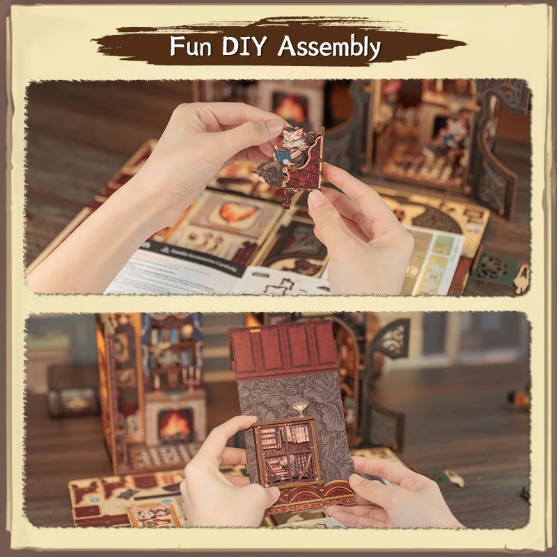 CUTEBEE 3D Puzzle DIY Book Nook Kit Wooden Dollhouse with Light Miniature Model Child Adult Toys for Count Cat's Study