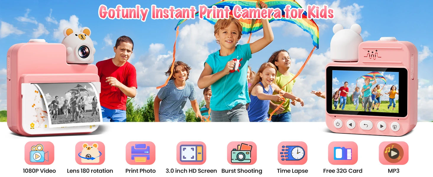 Gofunly 3.0'' Kids Instant Camera with 32G Card & 3 Print Paper, 1080P HD Kids Camera Instant Print for 6-12 Years