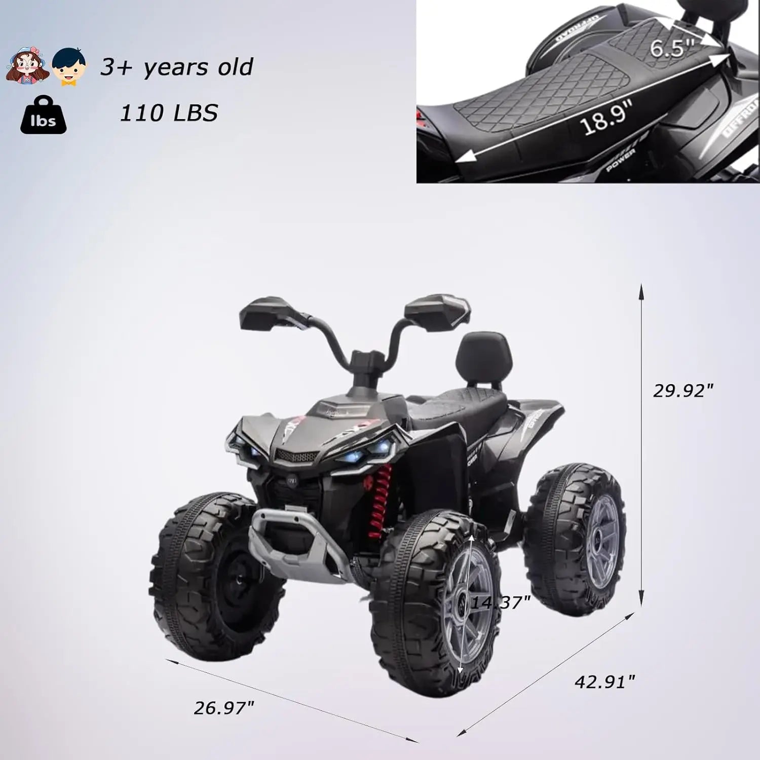 24V Kids Electric ATV 4-Wheeler (2-Seater) Ride on Car Toy with Dual 550w Motor Off-Road with LED Lights & Music Player 3-8Years