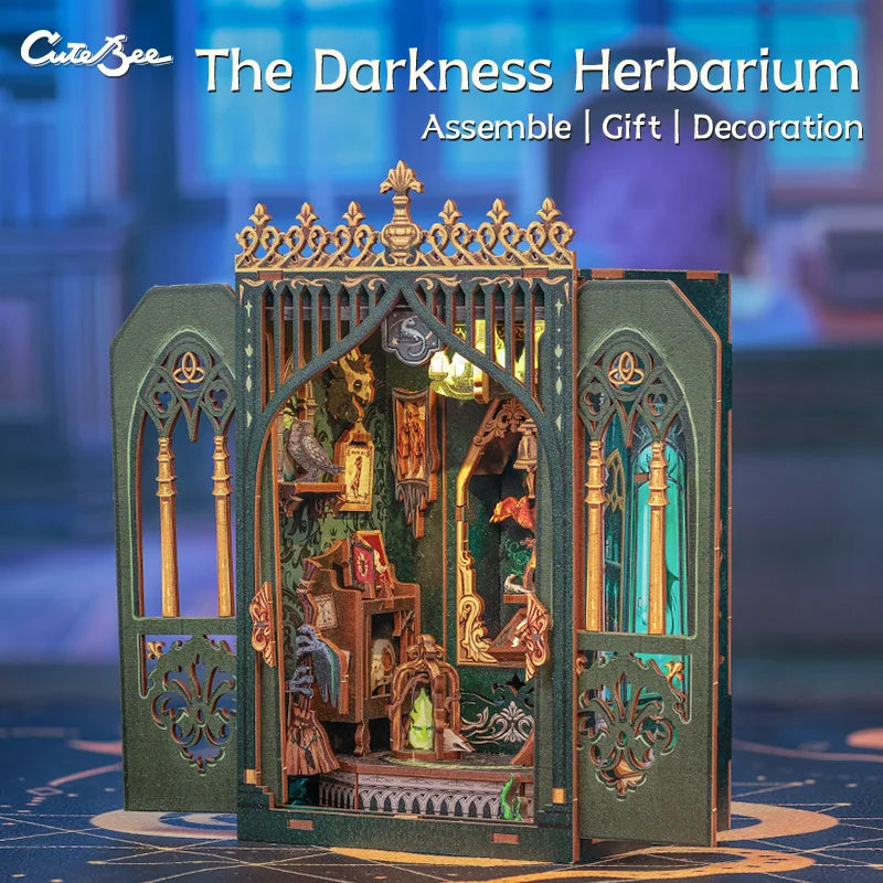 CUTEBEE Wooden 3D Puzzle DIY Book Nook Kit Miniature Dollhouse with Light Dust Cover Bookshelf Insert for Child Birthday Gift