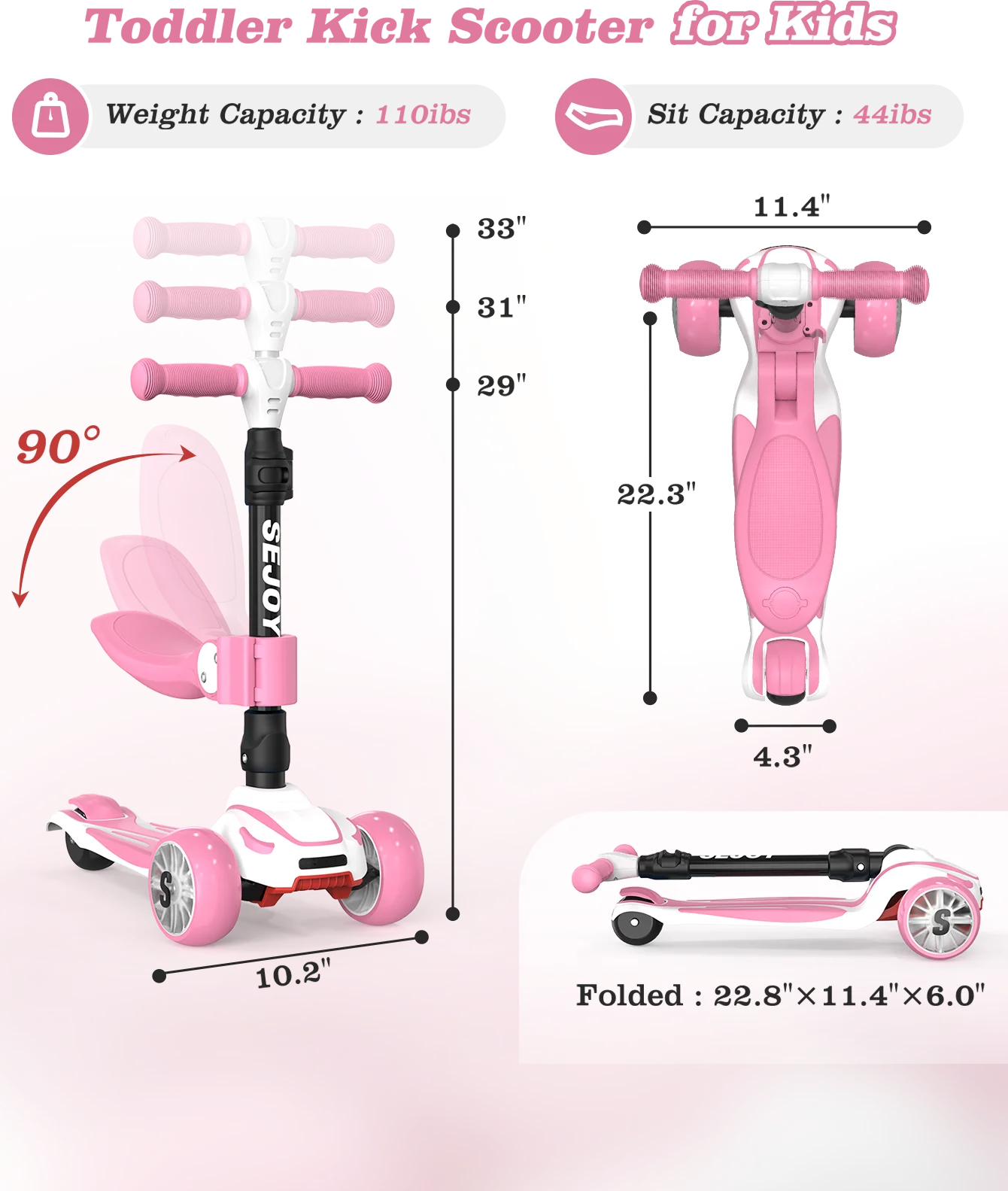SEJOY Kick Scooter for Kids with 3 Light Up Wheels and Adjustable Height,Children's Foot Scooters,Baby Toys Gift