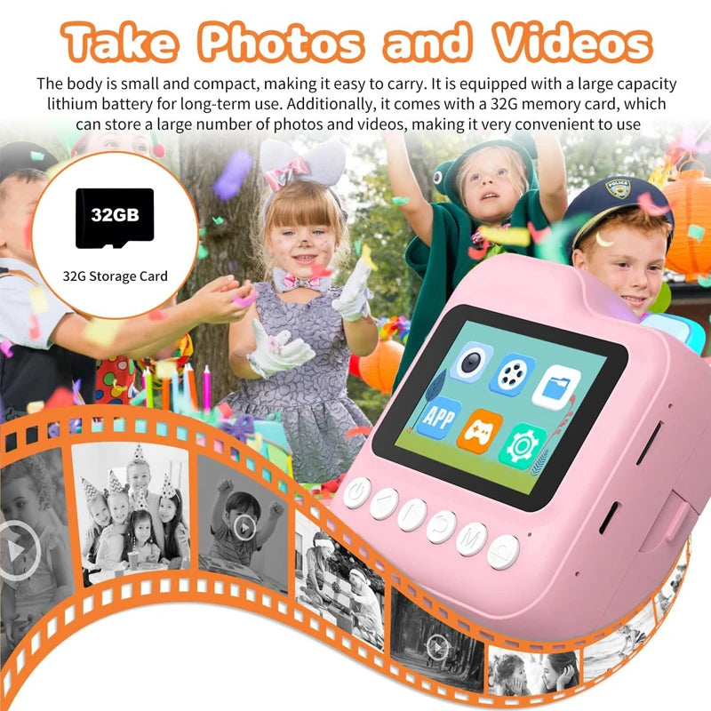 Children Camera Mini Instant Print Digital Camera 32G TF Card Inkless Printing Paper Kids Video Educational Toys For Kids Gift