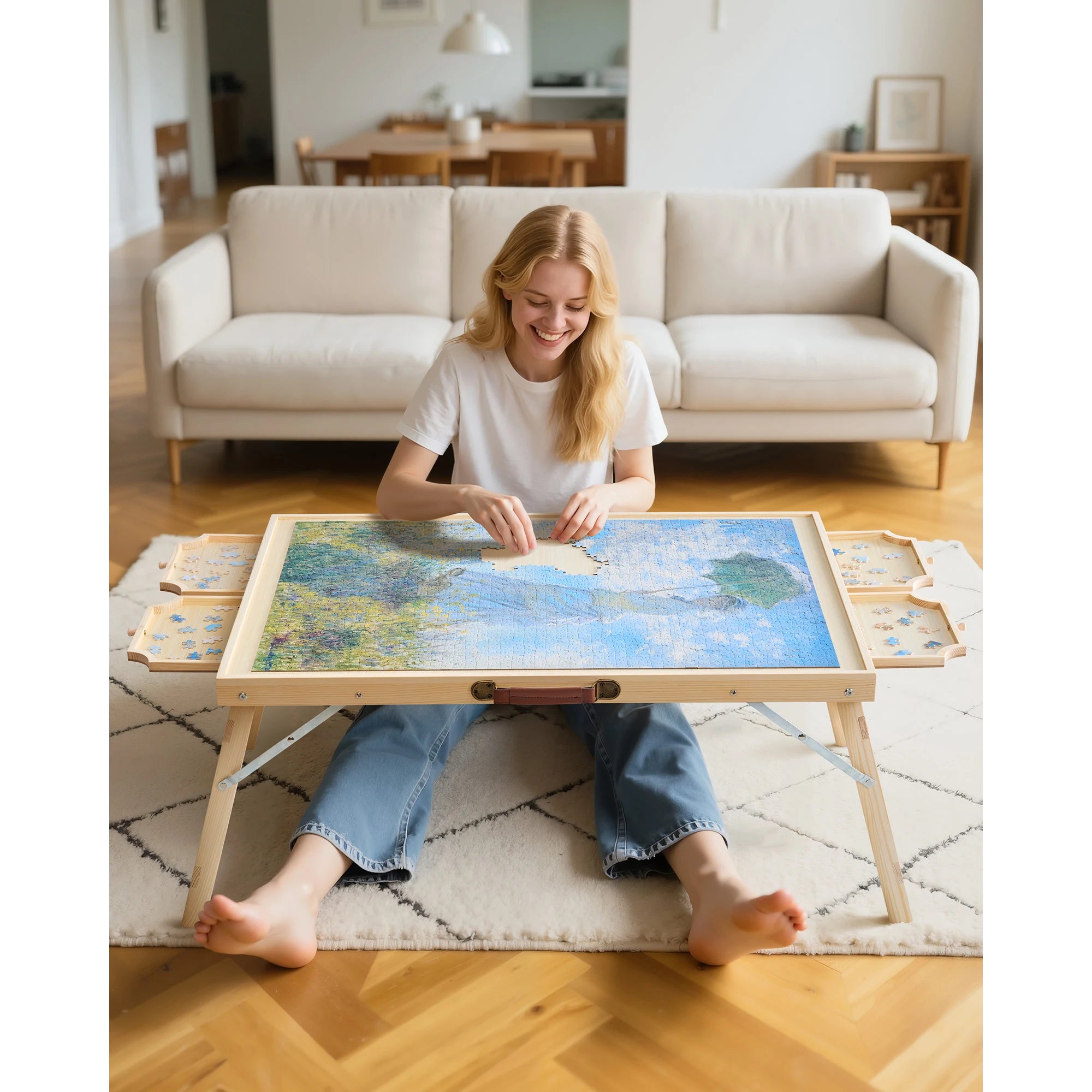 SucceBuy 1500 Piece Puzzle Table with Folding Legs 4 Drawers & Cover Portable Wooden Board Jigsaw Puzzle Accessories for Adults