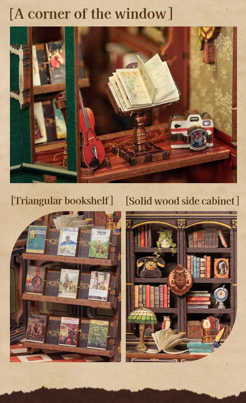 CUTEBEE DIY Book Nook Kit Miniature Dollhouse with Light Wooden Bookshelf Insert Retro Booknook Decor for Gifts Bookshop Series