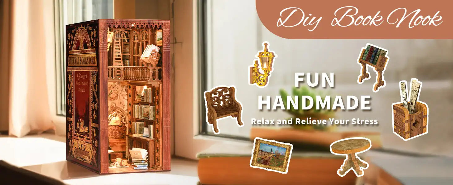 CUTEBEE Wooden Dollhouse Kit Miniature Doll House Kits Booknook Bookshelf Book Nook with Dust Cover Bookends Christmas Gift