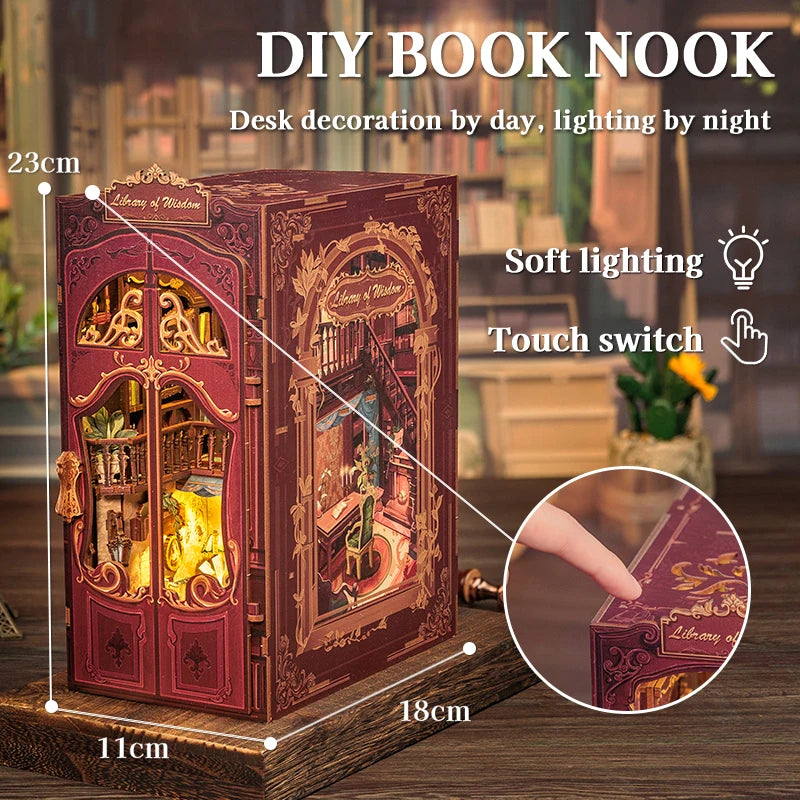 CUTEBEE Wooden 3D Puzzle DIY Book Nook Kit Miniature Dollhouse with Light Dust Cover Bookshelf Insert for Child Birthday Gift