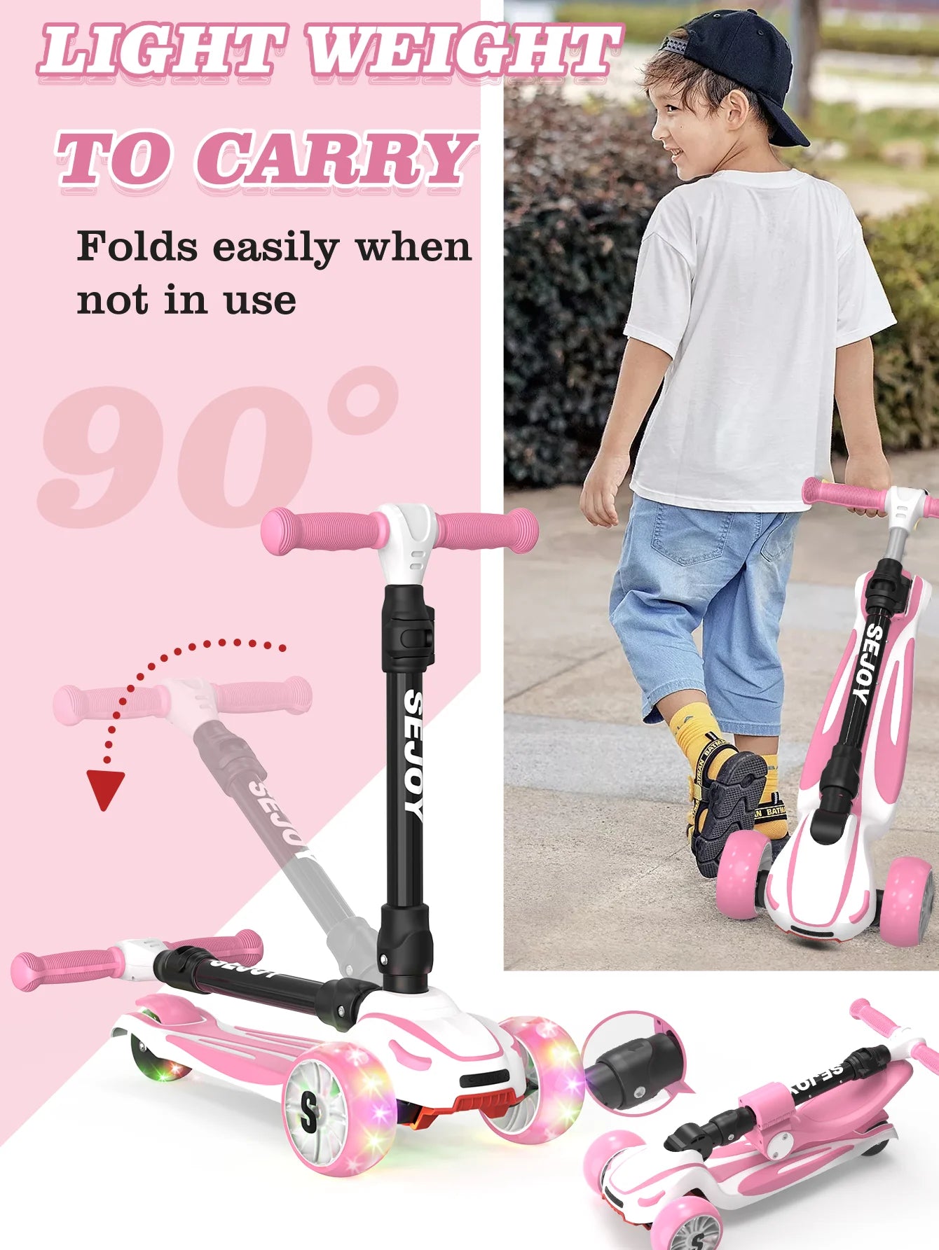 SEJOY Kick Scooter for Kids with 3 Light Up Wheels and Adjustable Height,Children's Foot Scooters,Baby Toys Gift
