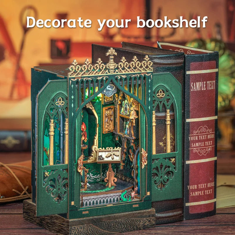 CUTEBEE Wooden 3D Puzzle DIY Book Nook Kit Miniature Dollhouse with Light Dust Cover Bookshelf Insert for Child Birthday Gift