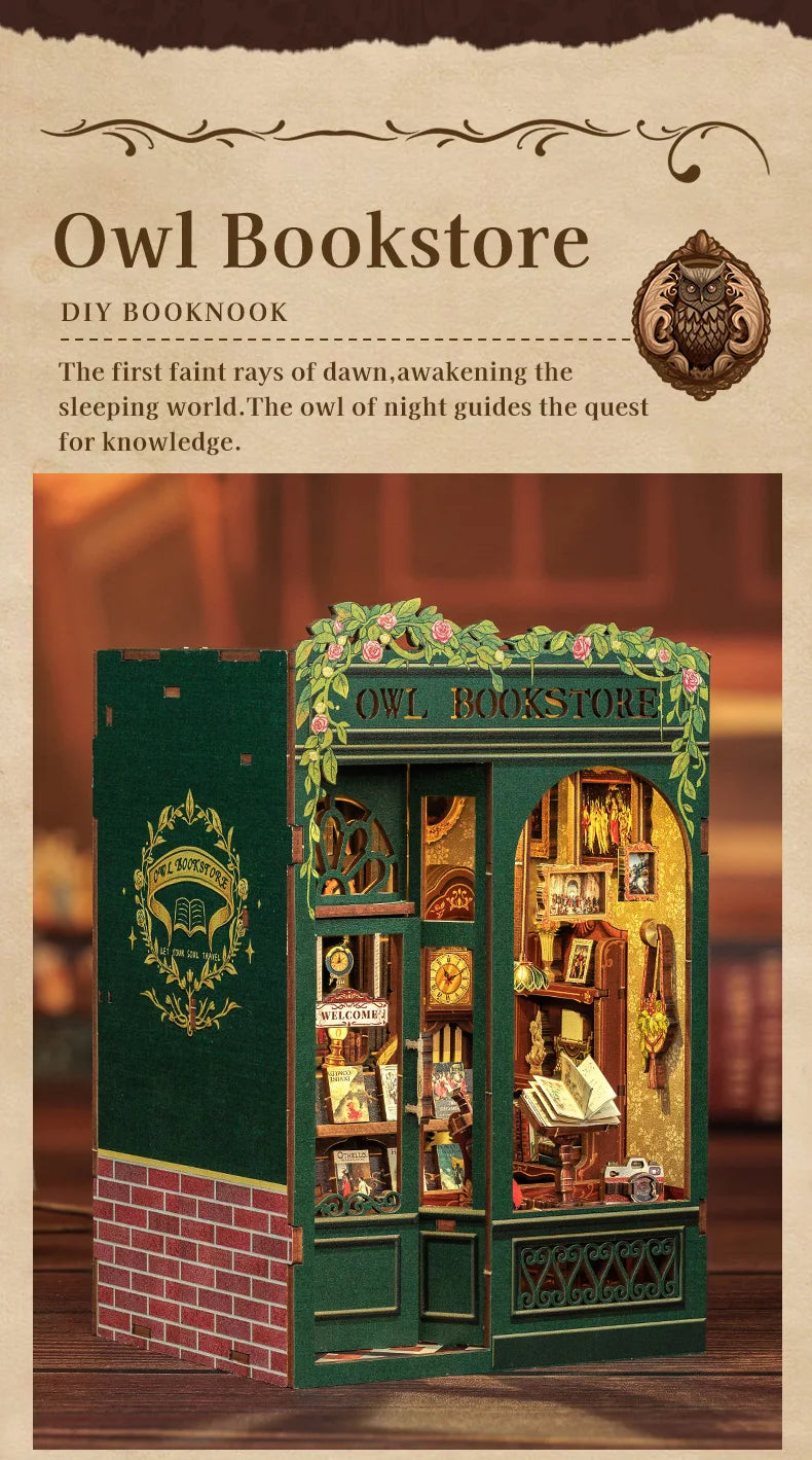 CUTEBEE DIY Book Nook Kit Miniature Dollhouse with Light Wooden Bookshelf Insert Retro Booknook Decor for Gifts Bookshop Series