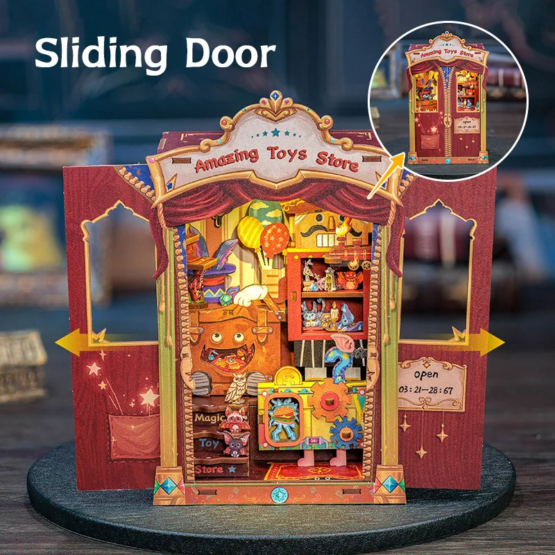 CUTEBEE Wooden 3D Puzzle DIY Book Nook Kit Miniature Dollhouse with Light Dust Cover Bookshelf Insert for Child Birthday Gift