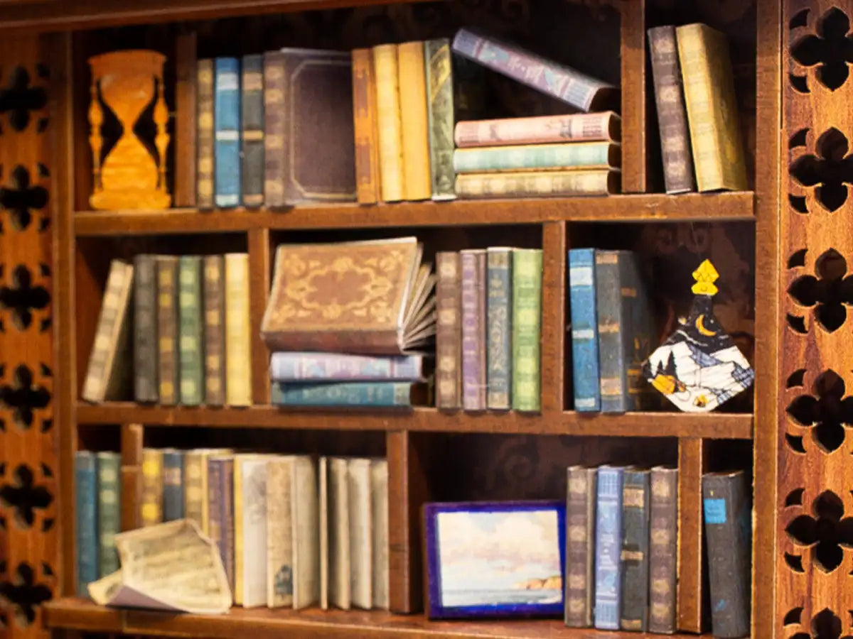 CUTEBEE Wooden Dollhouse Kit Miniature Doll House Kits Booknook Bookshelf Book Nook with Dust Cover Bookends Christmas Gift