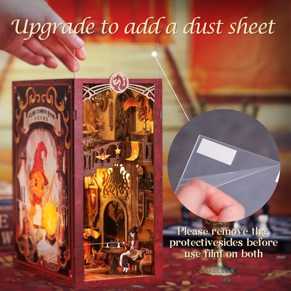 CUTEBEE Wooden Dollhouse Kit Miniature Doll House Kits Booknook Bookshelf Book Nook with Dust Cover Bookends Christmas Gift