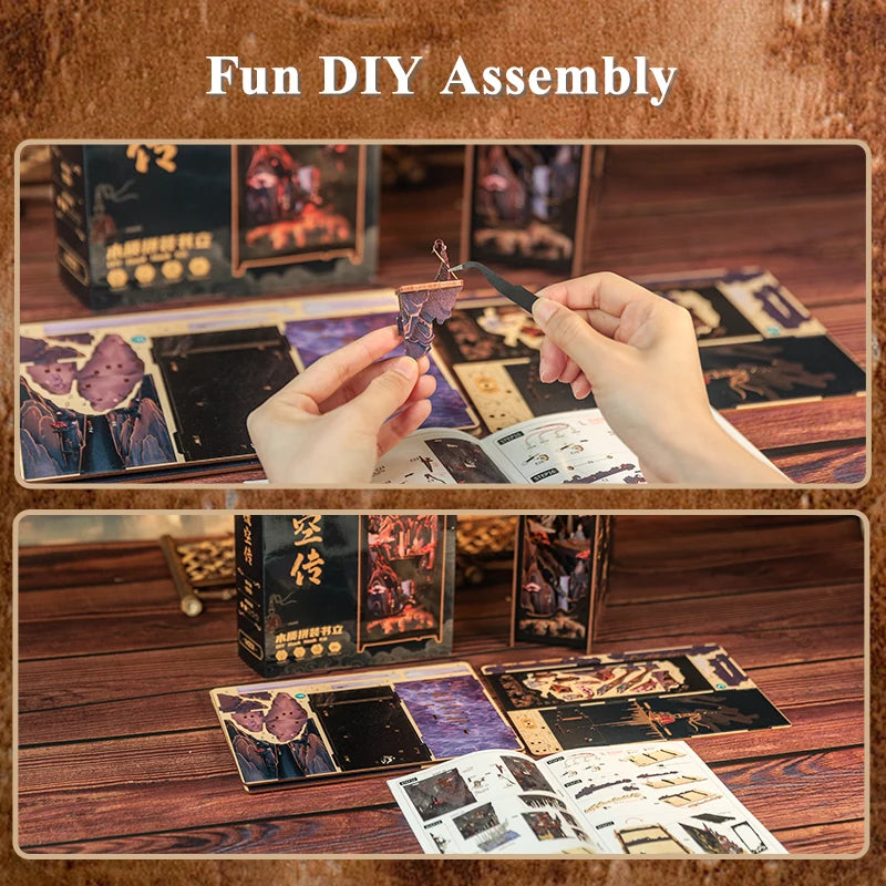 CUTEBEE Wooden 3D Puzzle DIY Book Nook Kit Miniature Dollhouse with Light Dust Cover Bookshelf Insert for Child Birthday Gift