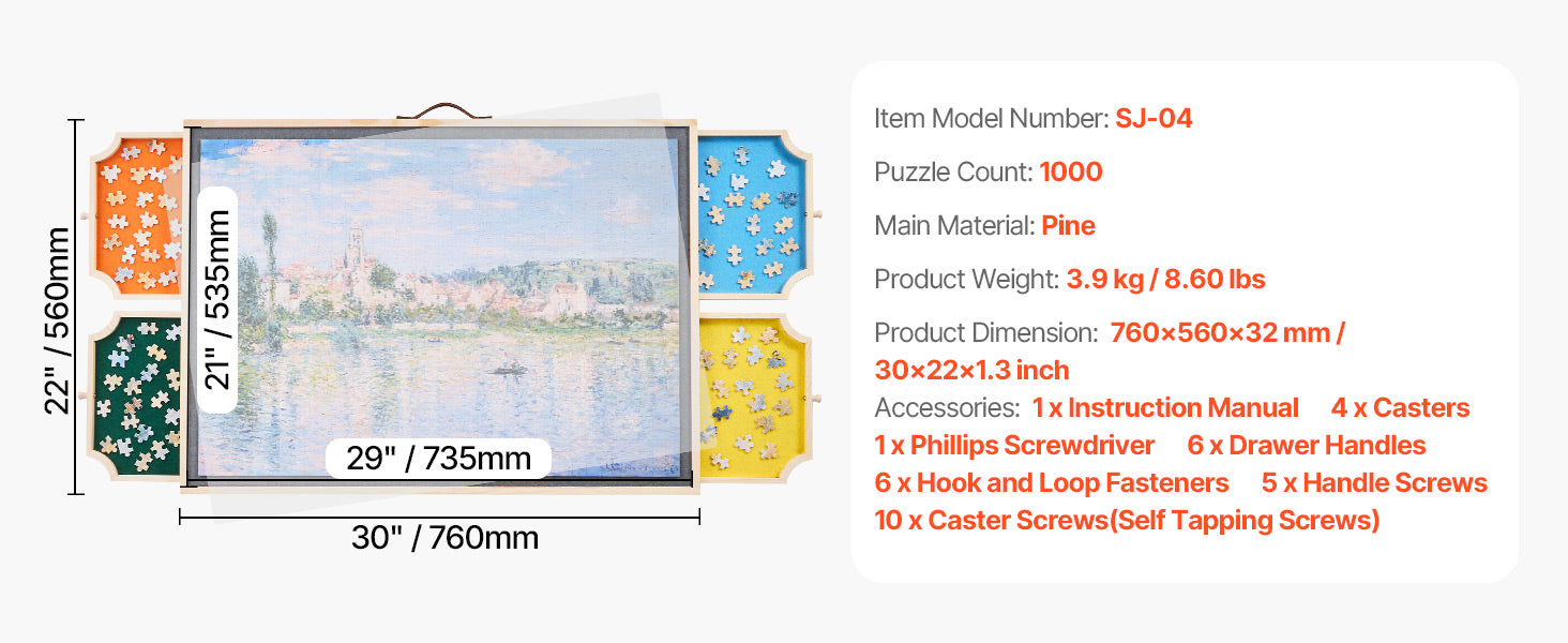 SucceBuy 1000 Piece Puzzle Board with 4 Colorful Felt Drawers  Wooden Table Adjustable 2-Tilting-Angle Jigsaw Puzzle Accessories