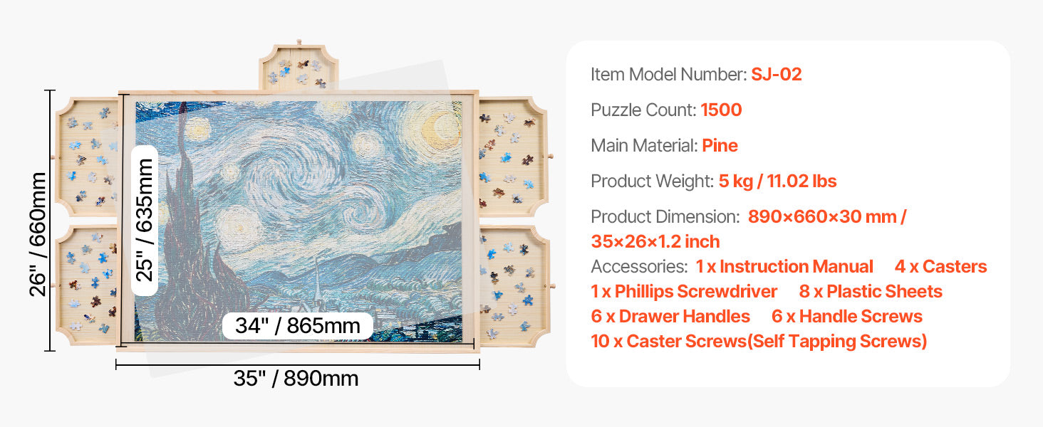 SucceBuy 1500 Piece Rotating Puzzle Board with 5 Drawers and Cover Jigsaw Puzzle Wooden Table for Adults Puzzles Organizer