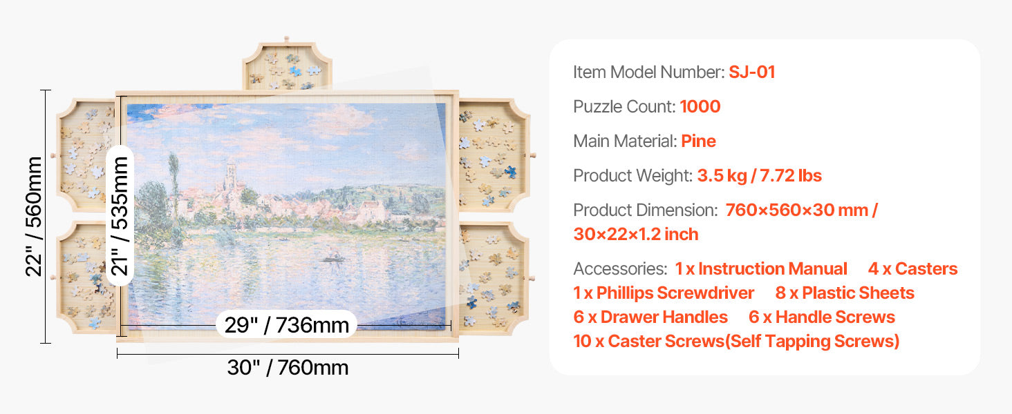 VEVOR 1000 Piece Rotating Puzzle Board with 5 Drawers  Portable Wooden Table Jigsaw Puzzle Accessories for Adults and Kids