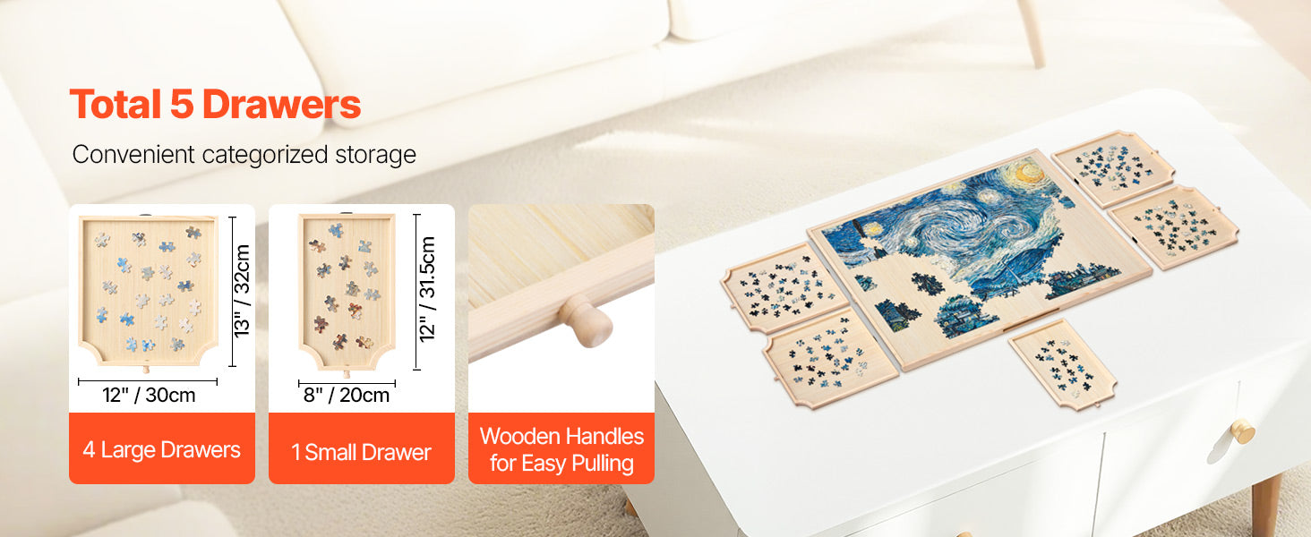 VEVOR 1500 Piece Rotating Puzzle Board with 5 Drawers and Cover Jigsaw Puzzle Wooden Table for Adults Puzzles Organizer