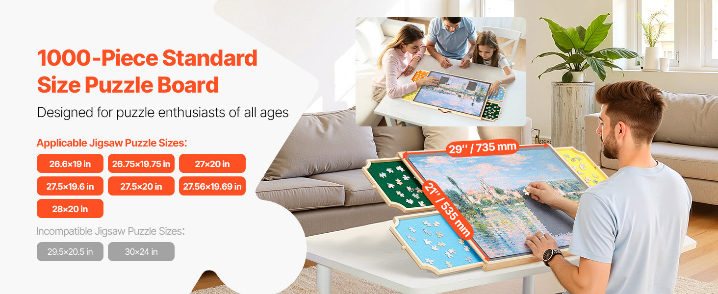 SucceBuy 1000 Piece Puzzle Board with 4 Colorful Felt Drawers  Wooden Table Adjustable 2-Tilting-Angle Jigsaw Puzzle Accessories